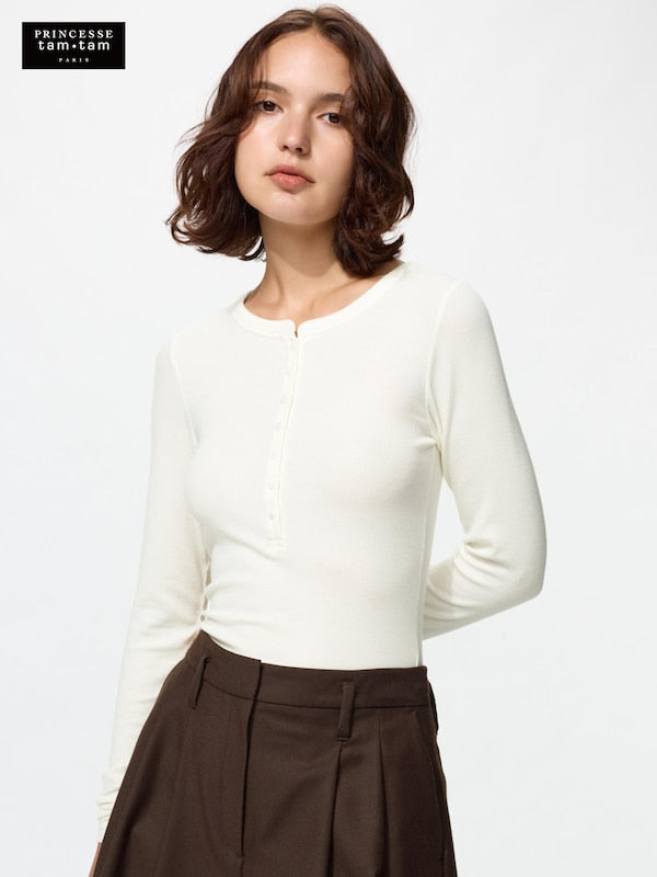 UNIQLO 極暖 HEATTECH 喀什米爾混紡羅紋 Henley T 恤 日本代購｜東京美物