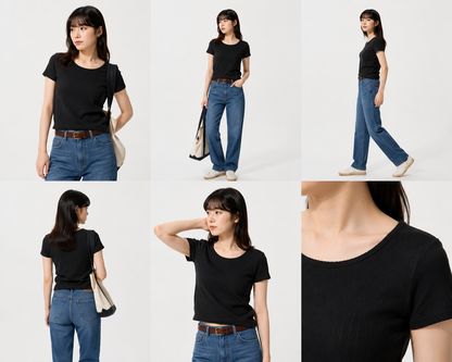 UNIQLO Pointelle 鏤空圓領合身短版 T 恤