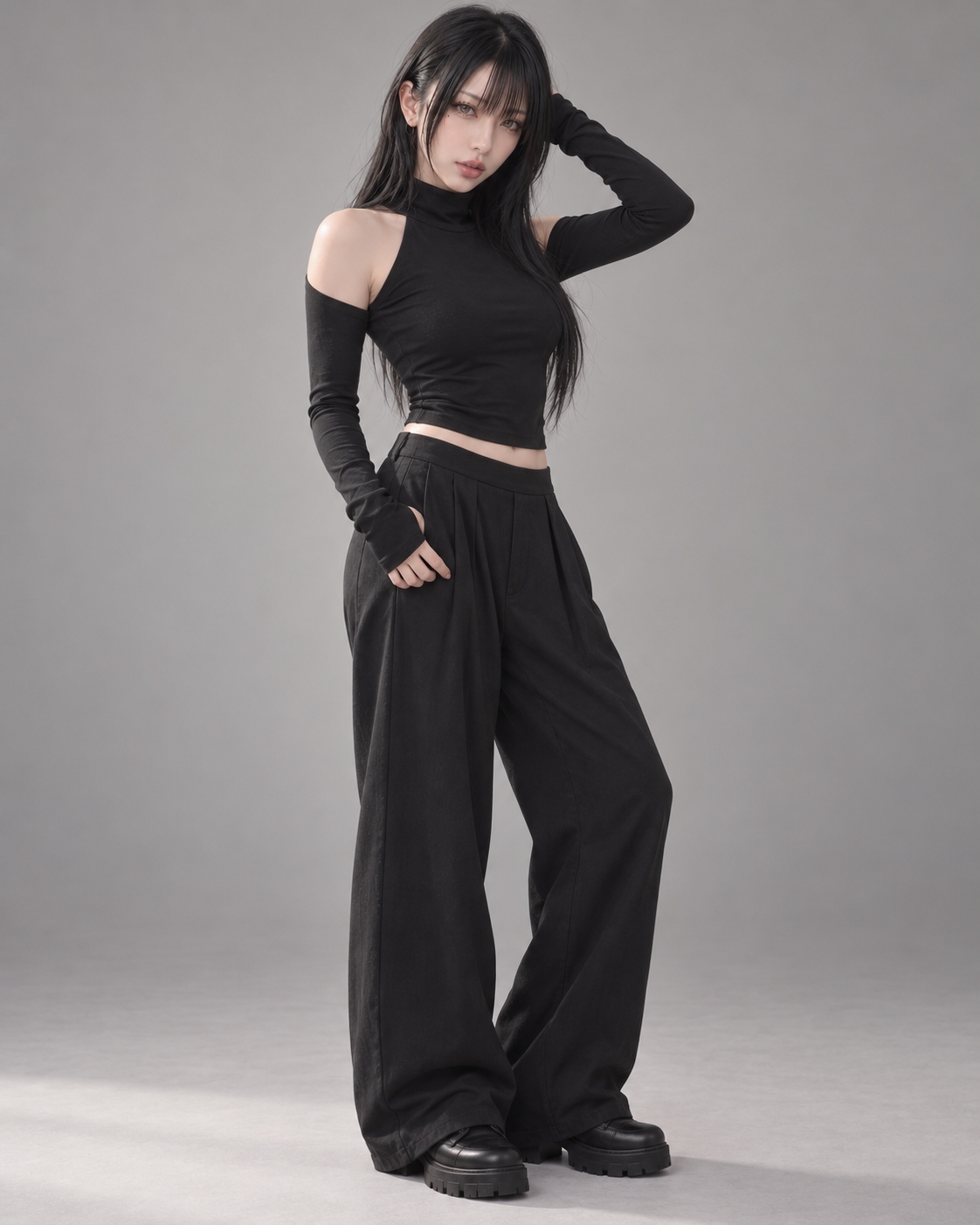 AI 模特穿搭示意圖｜東美 Model 02 穿著 MISAMARU 露肩切袖高領上衣 黑色