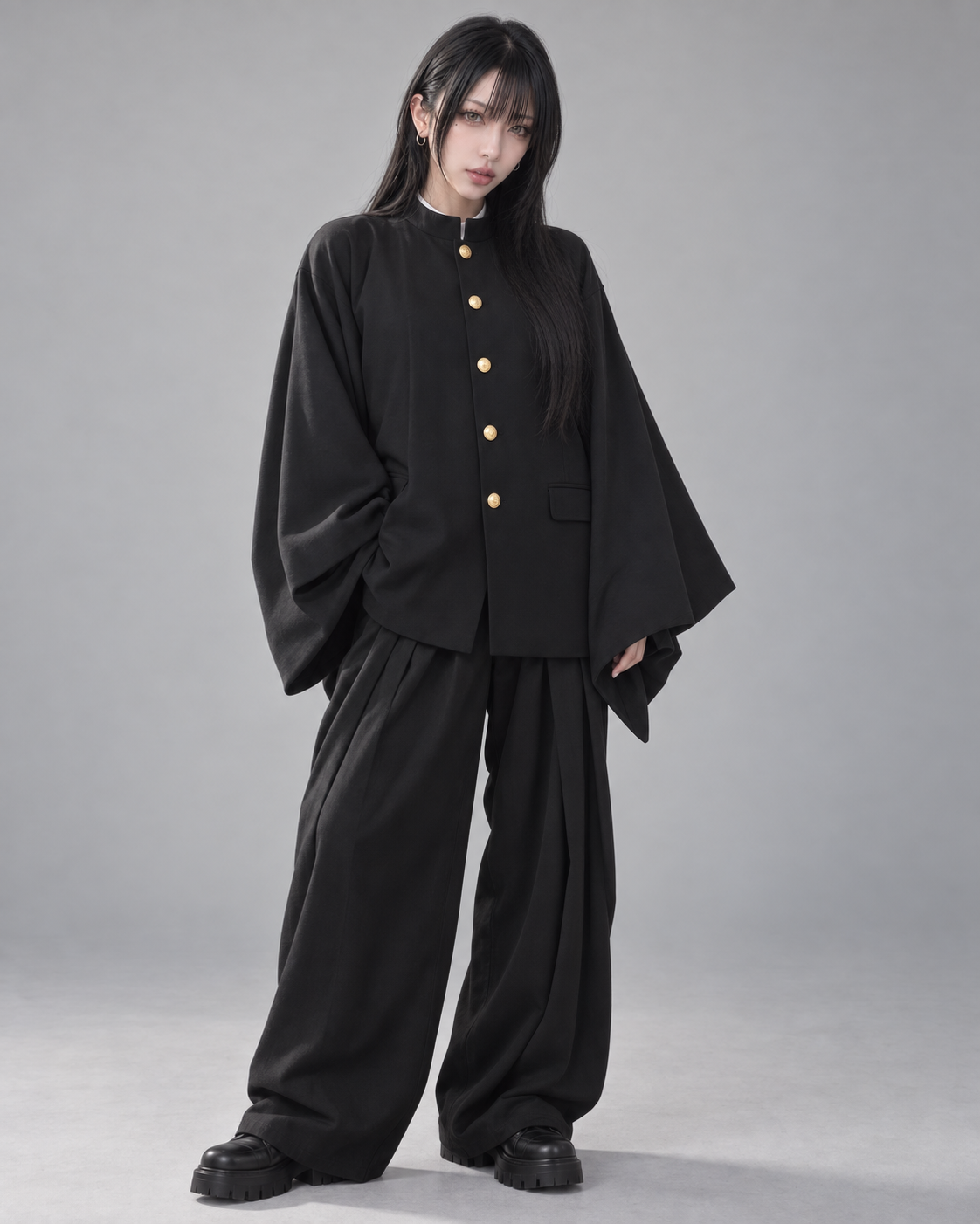 東美 Model 02 穿著 MISAMARU 和袖學蘭外套 Basic 黑色
