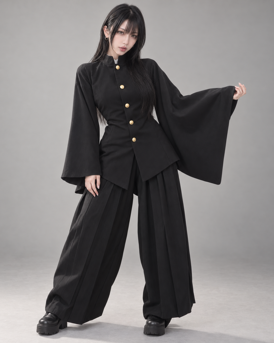 AI 模特穿搭示意圖｜東美 Model 02 穿著 MISAMARU 和袖學蘭 OP 連身外套 黑色