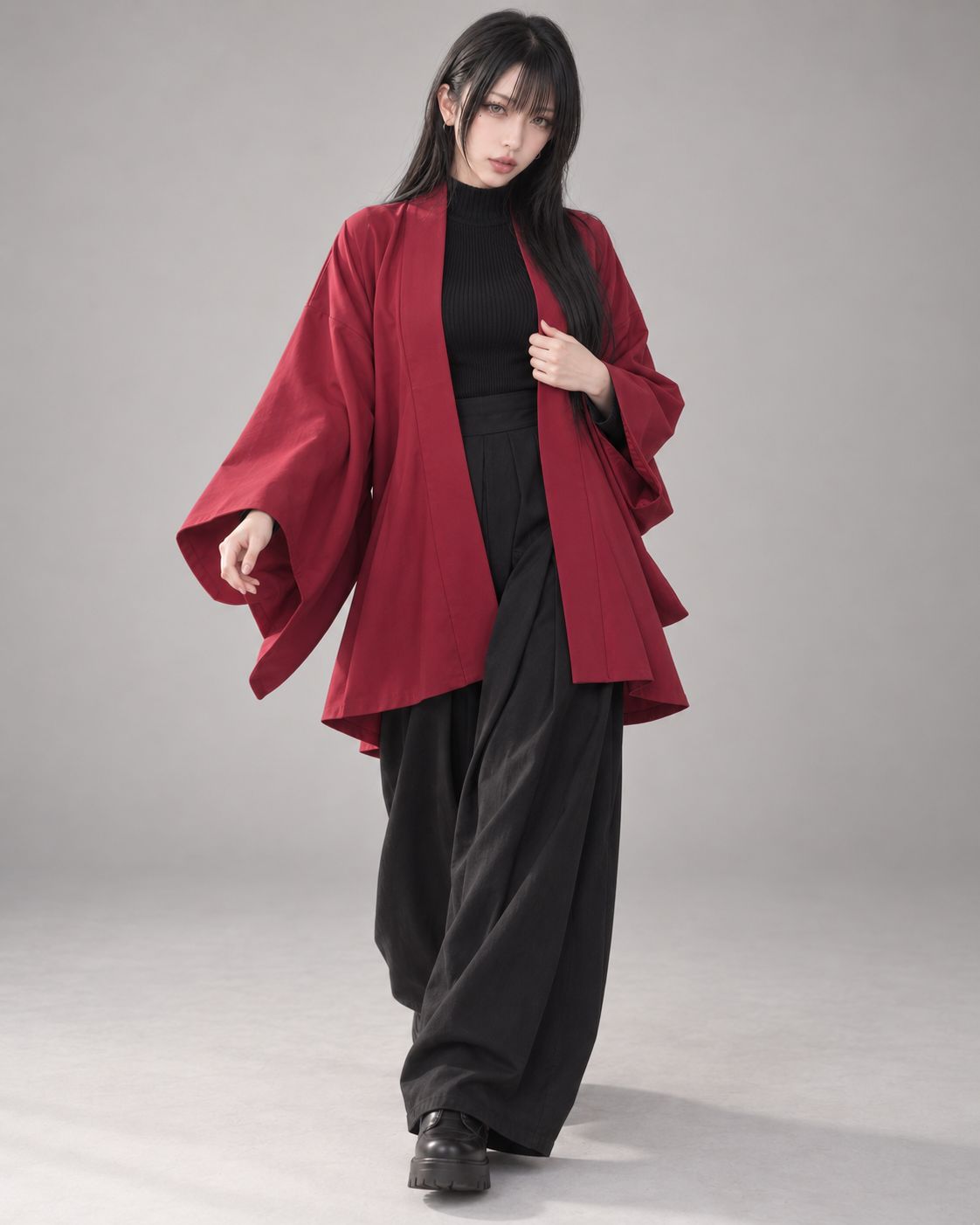 AI 模特穿搭示意圖｜東美 Model 02 穿著 MISAMARU 半着物 酒紅色金紋