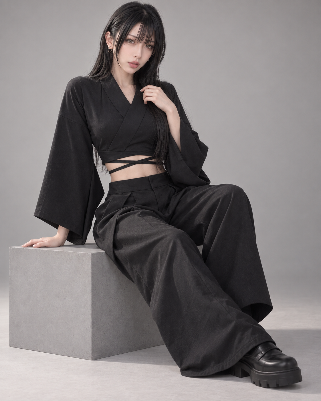 AI 模特穿搭示意圖｜東美 Model 02 穿著 MISAMARU 夏季短版着物 黑色