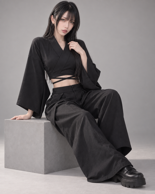 AI 模特穿搭示意圖｜東美 Model 02 穿著 MISAMARU 夏季短版着物 黑色